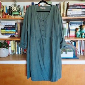 Flax Brand Linen Midi Empire Easy Dress in Pine Forest Dark Green 1G 1X 2X